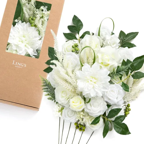 Miniatura 38 de Ling's moment Caja de Flores Falsas, Tallos de Vegetación Artificial Falsa Rosas de Espuma Dalias de Seda Hojas de Rosa Flor de Tela para Centros