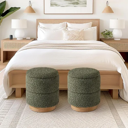 Miniatura 7 de Get Set Style Otomana redonda con almacenamiento, taburete otomano moderno Boucle tapizado con base de madera, silla de tocador, reposapiés, asiento