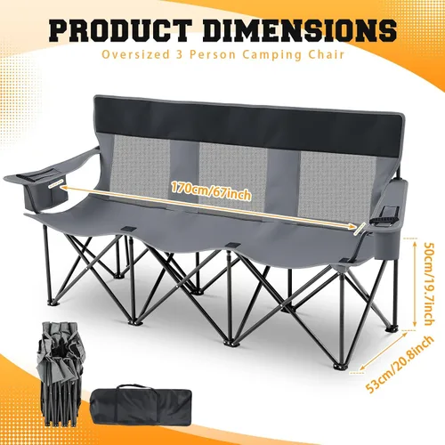 Miniatura 3 de Teenyyou Silla de camping para 3 personas, silla de playa plegable de gran tamaño con soporte para tazas refrigerador, bolsa trasera de malla Gris