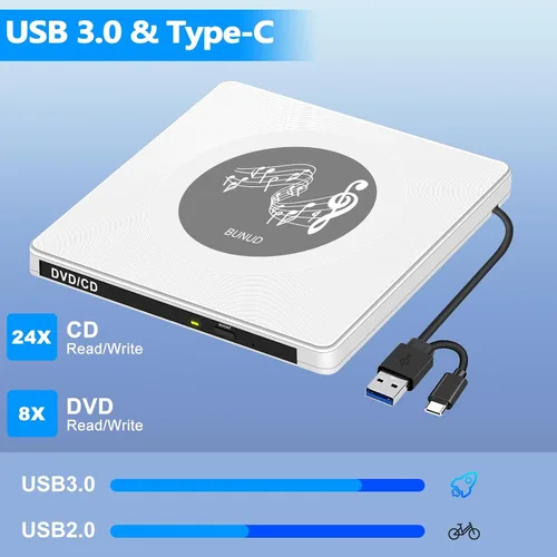 Miniatura 4 de BUNUD Unidad externa de CD y DVD: USB C y USB 3.0 Grabador de CD Reproductor de DVD para PC portátil Windows 11 Mac Linux - Escritor lector