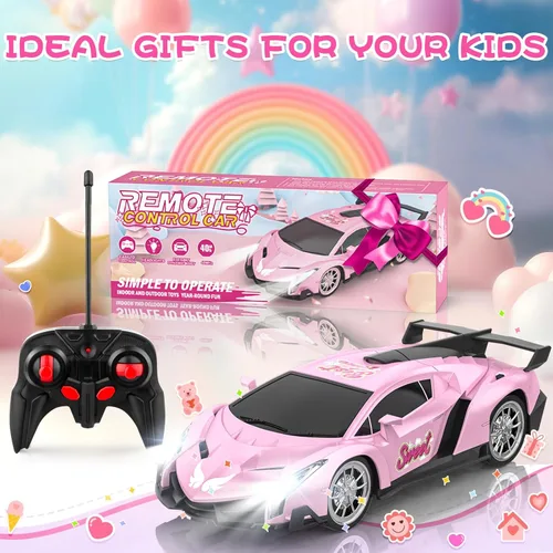 Miniatura 7 de Growsland Auto a control remoto para niñas, 1:18, color rosa, autos RC juguetes para niñas, vehículo eléctrico de juguete auto de carreras