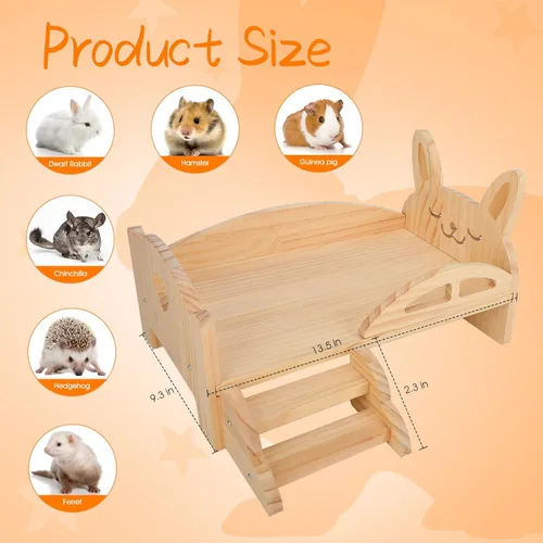 Miniatura 4 de BWOGUE Cama de Madera para Conejo de Indias con Escaleras y Alfombrilla, Cama de Felpa Lavable para Animales Pequeños, Plataforma de Cama