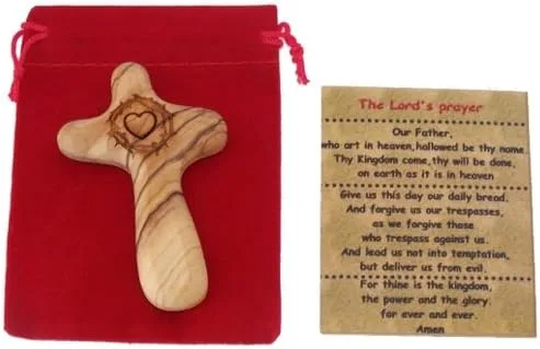 Miniatura 6 de Holy Land Market Cruz reconfortante de madera de olivo grabada con corona de espinas y corazón, caja de regalo, bolsa de terciopelo y tarjeta