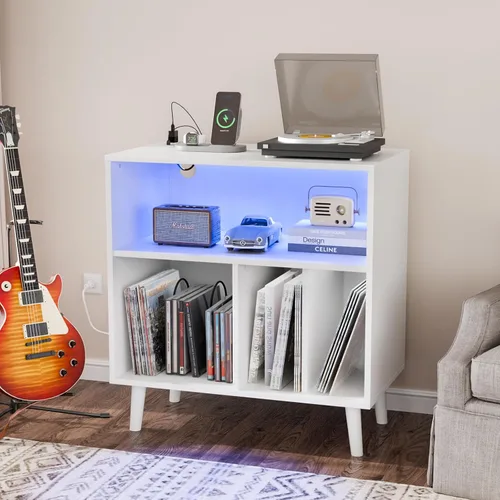 Miniatura 11 de VINGLI Soporte para tocadiscos con almacenamiento de vinilo abierto, mesa de almacenamiento de álbumes de mediados de siglo con luz LED de hasta 300