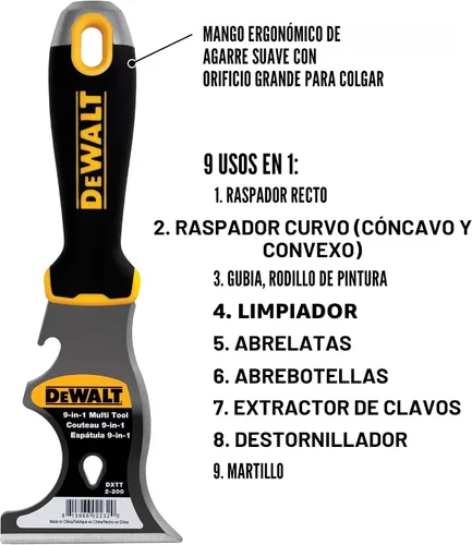 Miniatura 3 de DEWALT Herramienta de pintor 9 en 1 Rascador recto, rascador curvo, sacador de uñas, limpiador de rodillo, abrelatas, abrebotellas, extractor