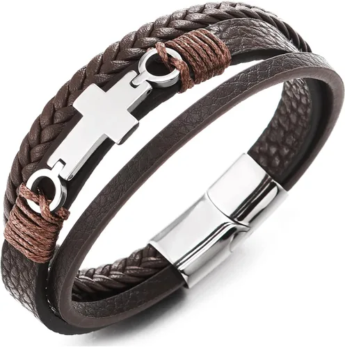 Miniatura 9 de Pulsera de cuero COOLSTEELANDBEYOND para hombre y mujer, cruz lateral plana, múltiples hebras, estilo brazalete
