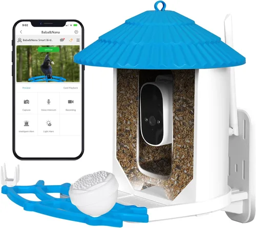 Baba&Nana Comedero inteligente para pájaros con cámara, funciona con energía solar, inalámbrico para colgar al aire libre con WiFi, videos en vivo