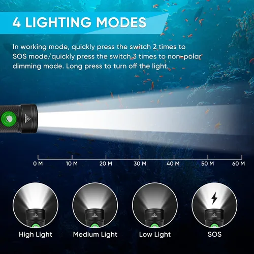 Miniatura 3 de Linterna de buceo WindFire, linterna impermeable para buceo 262 pies bajo el agua, linterna recargable para snorkel con 4 modos y indicador