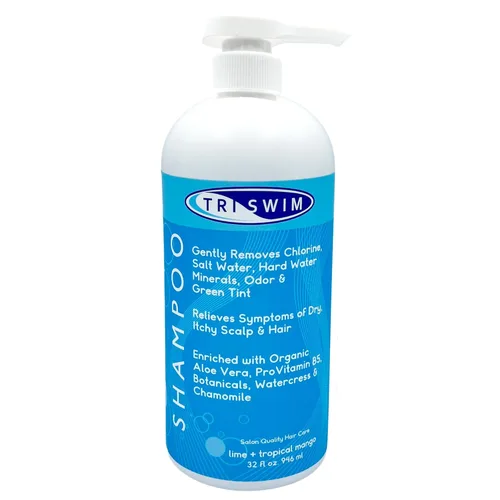 TRISWIM Champú eliminador de cloro de 32 onzas | Elimina cloro, bromo, minerales de agua dura y agua salada | Hidrata y restaura el cabello | Seguro