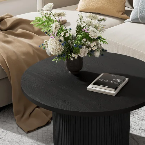 Miniatura 3 de Furniway Mesa de centro redonda, mesa de centro circular de 35.4 pulgadas de ancho, mesa de madera y mesa central para sala de estar, color negro