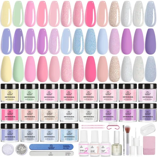 Miniatura 18 de Beetles - Kit de iniciación de uñas en polvo de inmersión, 20 colores, pastel, nude, azul, rosa, purpurina, 36 piezas, juego de polvos de inmersión