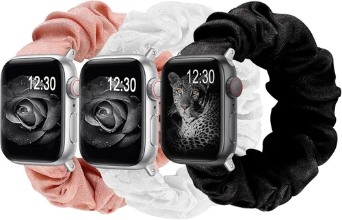 Miniatura 12 de TOYOUTHS - 3 paquetes compatibles con Apple Watch Band Scrunchies 1.496 in (38 mm) tela suave patrón impreso pulsera de tela para mujer iWatch