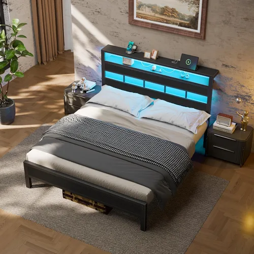 Miniatura 3 de Furnulem Base de cama Queen con cabecera de almacenamiento y luces LED, base de cama de metal con estación de carga y puerto USB, cama de plataforma