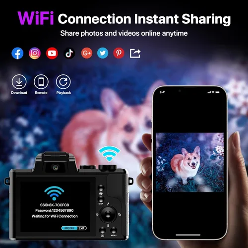 Miniatura 4 de Cámaras digitales 8K para fotografía con WiFi, cámara de enfoque automático de 88 MP para vlogging para YouTube con doble lente, cámara digital
