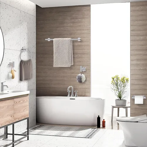 Miniatura 7 de TQKAG Juego de 5 Piezas de Herrajes de Baño de Cromo Pulido 23.6" Acero Inoxidable SUS304 Juegos de Soporte de Barra de Toallas de Baño Portapapel