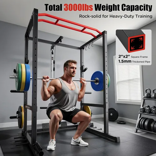 Miniatura 2 de Sportsroyals Jaula de Potencia, Rack de Potencia Multifuncional de 1600 libras con Sistema de Cruce de Cable Ajustable y Más Accesorios de Rojo