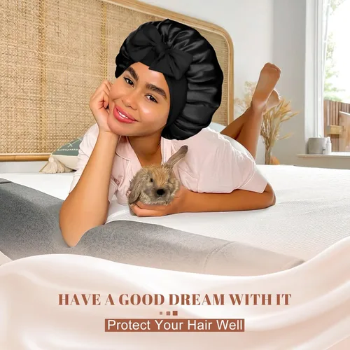 Miniatura 6 de Gorro de satén de seda para dormir, gorro de seda de doble capa con banda elástica para cabello rizado Negro + rojo