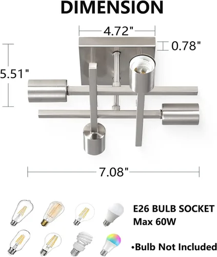 Miniatura 7 de Lámpara de techo semiempotrada de 4 luces, moderna lámpara de níquel cepillado cerca del techo, fácil de montar, luces de techo interiores