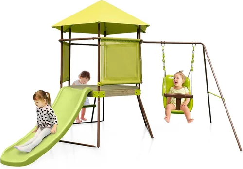Costzon Juegos de columpios para patio trasero, juego de columpio de metal resistente 4 en 1 con tobogán, columpio para bebé, cubierta superior con