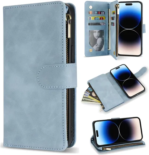 Miniatura 12 de ZZXX Funda tipo cartera para iPhone 14 Plus con [Bloqueo RFID] Ranura para tarjetas Cuero PU suave premium con cremallera tipo folio plegable