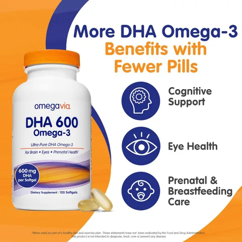 Miniatura 2 de OmegaVia DHA 600 mg - Suplementos ultra puros Omega-3 DHA para cerebro y ojos, embarazo y vitaminas prenatales DHA para mujeres, suplemento Omega 3