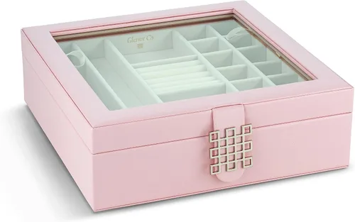 Miniatura 3 de Glenor Co - Joyero de 28 secciones, cierre magnético de 2 capas y hebilla, parte superior de cristal grande, diseño de cuero, rosa suave