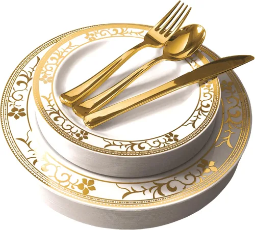 Miniatura 10 de Platos de plástico elegantes desechables de 125 piezas en blanco, azul y dorado con cubiertos, vajilla elegante para bodas, fiestas navideñas, juego
