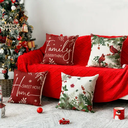 Miniatura 2 de AVOIN colorlife Fundas de Cojines Decorativos Navideños Cardinal Home Sweet Home Poinsettia Bayas de Acebo, 16 x 16 Pulgadas Family is Everything