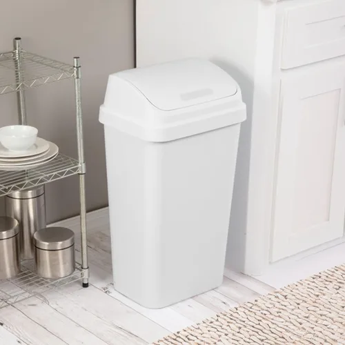 Miniatura 4 de Sterilite Paquete de 4 basureros con tapa oscilante, elegante cubo de basura de perfil cuadrado, 13 galones, color blanco, moderno contenedor