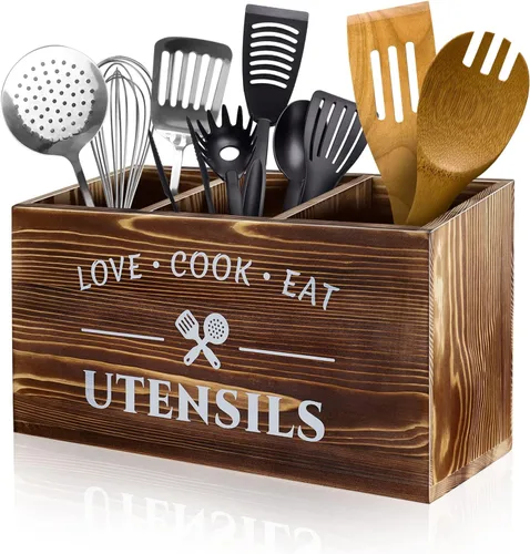 Miniatura 11 de MINCORD Soporte para utensilios de cocina con 3 compartimentos, caja organizadora de almacenamiento de madera rústica, caja organizadora