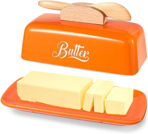Miniatura 9 de Mantequillera negra con tapa y cuchillo, bandeja de mantequilla negra, soporte de mantequilla de cerámica para mostrador humanizado con mango de Rojo