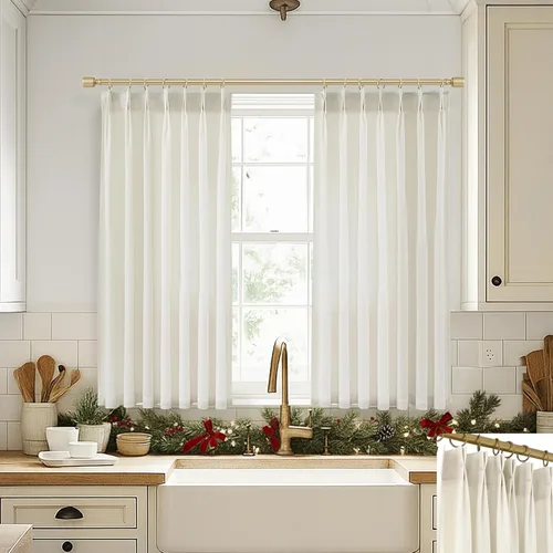 SHINELAND Cortinas cortas de lino transparente para ventanas, cortinas de 45 pulgadas de largo con pliegues pinzados para filtrar la luz, cortinas