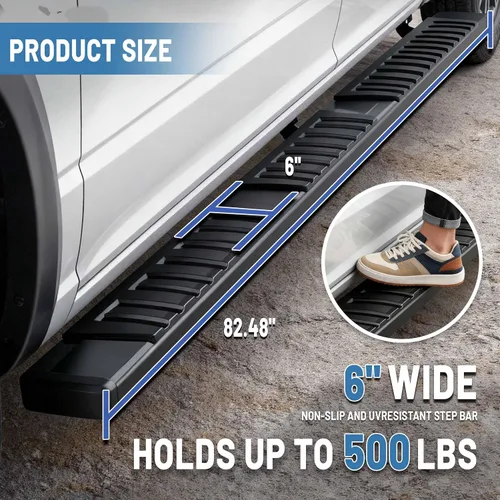 Miniatura 2 de PZ Estribos de 6 pulgadas para Dodge Ram 1500 Crew Cab 2019-2025, nuevo estilo de carrocería, aleación de aluminio negro, escalón lateral Nerf Bar