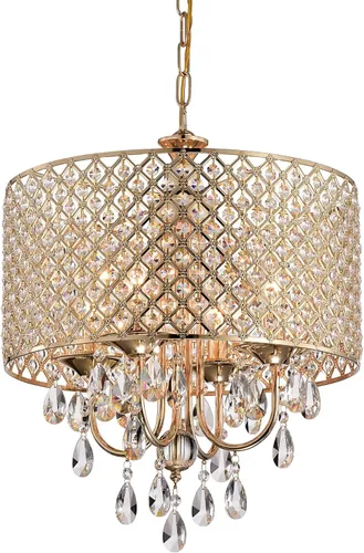Miniatura 7 de Edvivi Marya - Candelabro de cristal de tambor, 4 luces glamorosas con acabado de bronce aceitado, luz de techo ajustable con pantalla redonda