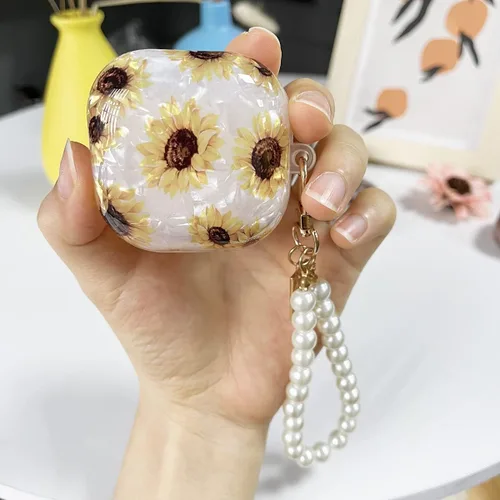 Miniatura 3 de Compatible con Samsung Galaxy Buds 2 Pro/2 Funda floral con llavero de perlas lindo para mujer, funda protectora Girasol
