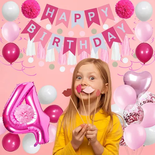 Miniatura 4 de Decoraciones de 4º cumpleaños para niñas, globos de feliz cumpleaños rosa y blanco con el número 4, suministros para fiesta de cumpleaños