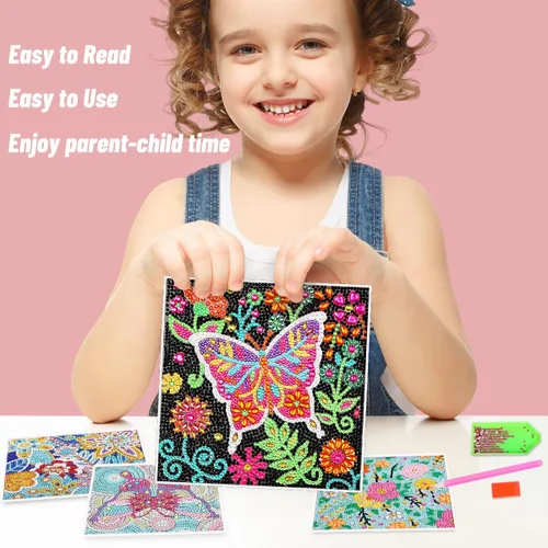 Miniatura 4 de ZUYUSUT Paquete de 4 bonitos kits de pintura de diamantes con flores de mariposa para niños y niñas de 3 a 12 años, manualidades, juegos de pintura
