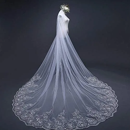 Miniatura 2 de Accesorio de boda de una capa para mujer velo largo de boda bordado floral apliques de encaje festoneado velo de novia con peine color marfil