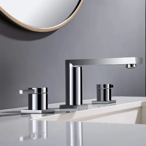 Miniatura 5 de Grifos de latón de lujo para fregadero de baño de 3 agujeros, 2 manijas, 8 pulgadas y montaje de drenaje desplegable de acero inoxidable, cromado
