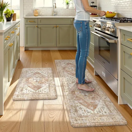 Miniatura 95 de KIMODE - Juego de 2 tapetes de cocina bohemios, antifatiga, antideslizantes, impermeables, ergonómicos, acolchados, cómodos, para lavandería, Caqui