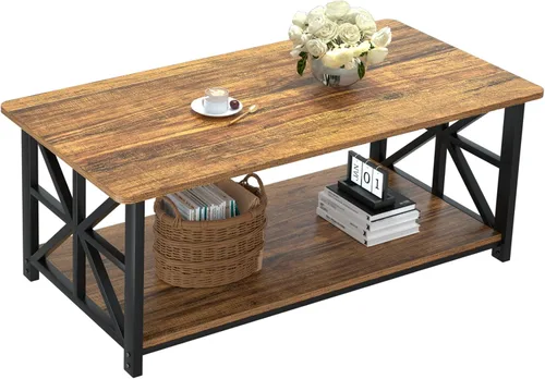 GreenForest - Mesa de café con esquina redonda, mesa central de granja con estante de almacenamiento de 2 niveles y diseño de marco en X para sala