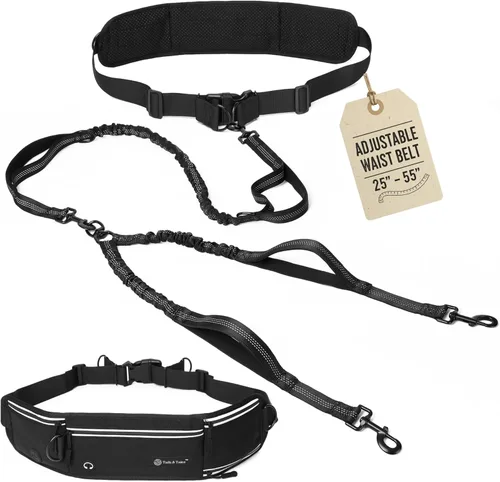 Tails & Tales Correa de perro manos libres con bolsa para la cintura, soporte lumbar mejorado, correa reflectante elástica, cinturón ajustable de