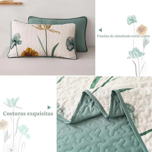 Miniatura 5 de WONGS BEDDING - Juego de edredón floral tamaño Queen, edredón botánico verde y amarillo con 2 fundas de almohada, juego de ropa de cama ligera