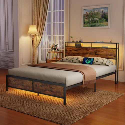 Miniatura 3 de Base de cama matrimonial con luces LED y 2 puertos de estación de carga USB, base de cama de plataforma de tamaño matrimonial, no necesita somier