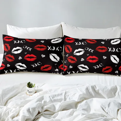 Miniatura 8 de Juego de sábanas bajeras de labios rojos femeninos para niñas y mujeres, juego de sábanas con estampado de lápiz labial blanco, juego de sábanas