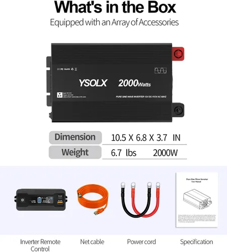 Miniatura 8 de YSOLX Inversor de corriente de onda sinusoidal pura de 2000 W, convertidor de corriente de 12 V a 110 V/120 V CA para el hogar, RV, camión, puerto