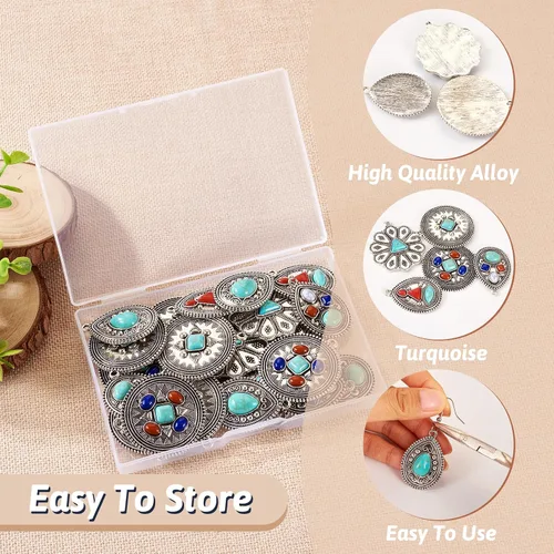 Miniatura 2 de Pandahall - 20 dijes de piedra turquesa estilo tibetano de aleación de lágrima, flor redonda, 6 estilos, dijes bohemios para hacer joyas, collares