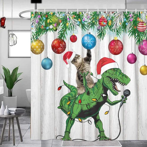 Miniatura 2 de Divertida cortina de ducha de Navidad, bonito dinosaurio en sombrero de Papá Noel cantando Feliz Navidad para niños, niños y niñas, decoración