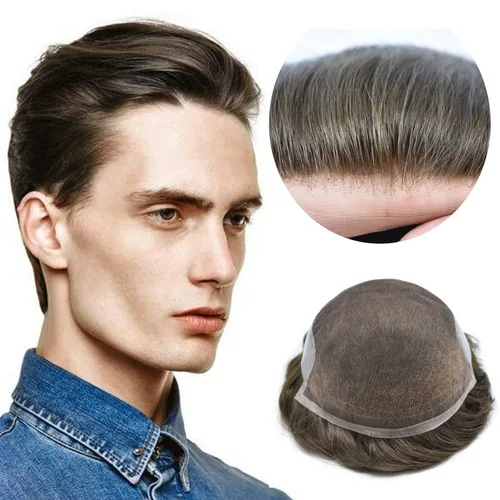 Miniatura 36 de Toupee para hombres sistemas de reemplazo de piel sintética con encaje suizo para hombre, nudos blanqueados, línea capilar natural para hombres