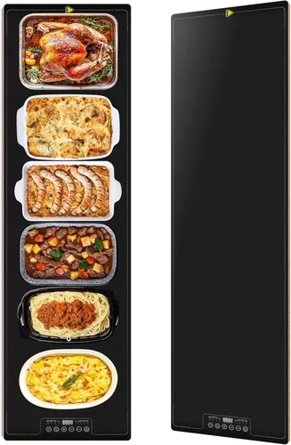 Miniatura 8 de Bandeja de calentamiento de alimentos para bufé de fiestas, 40"x14" extra grande larga con superficie de vidrio, tapete calentador eléctrico con 9